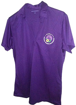 Purple BWA polo shirt on a hanger