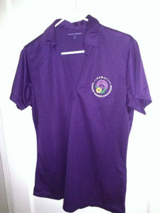Purple BWA polo shirt on a hanger