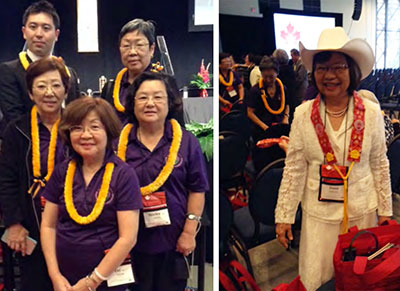 two photos: 5 delegates from Kauai in lei, woman in white with western-style cowboy had